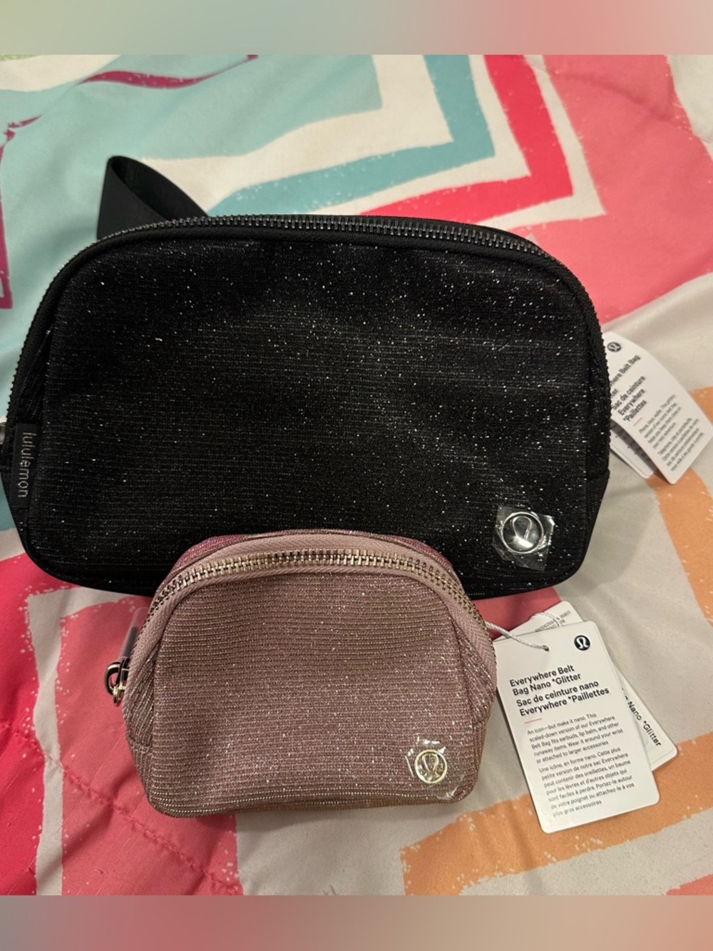 NWT Bundle Black Glitter Belt Bag + Pink Nano Pouch NWT